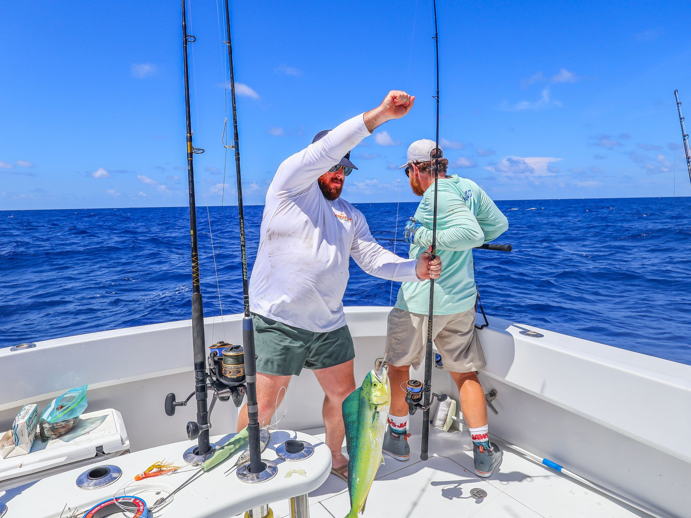 A mahi coming over the rail on a Poppa Wahoo charter