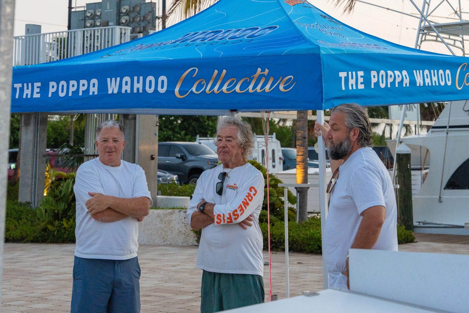 The Poppa Wahoo Collective tent at a tournament weigh-in in Islamorada