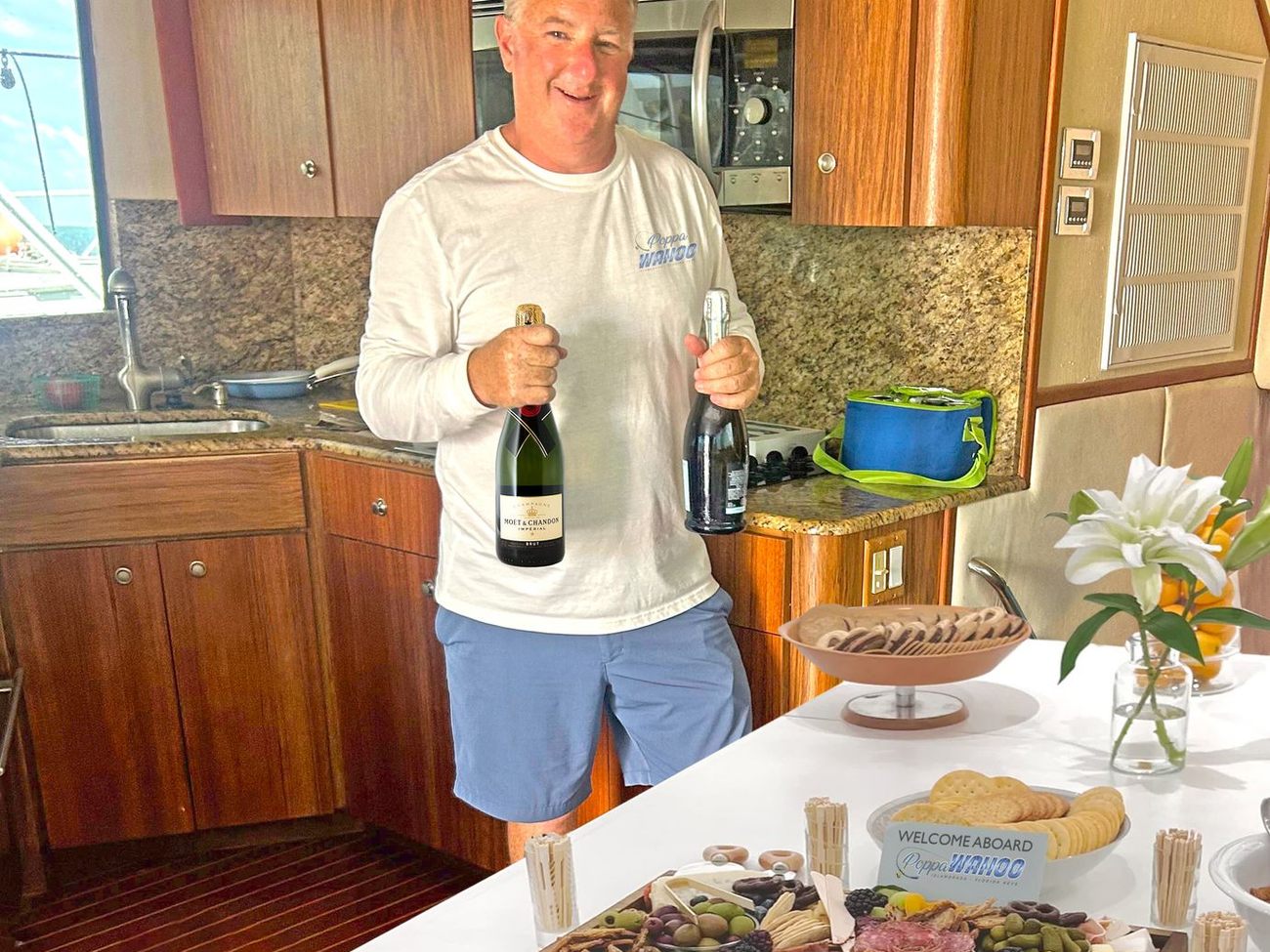 A chef-catered spread laid out in the salon of the Poppa Wahoo